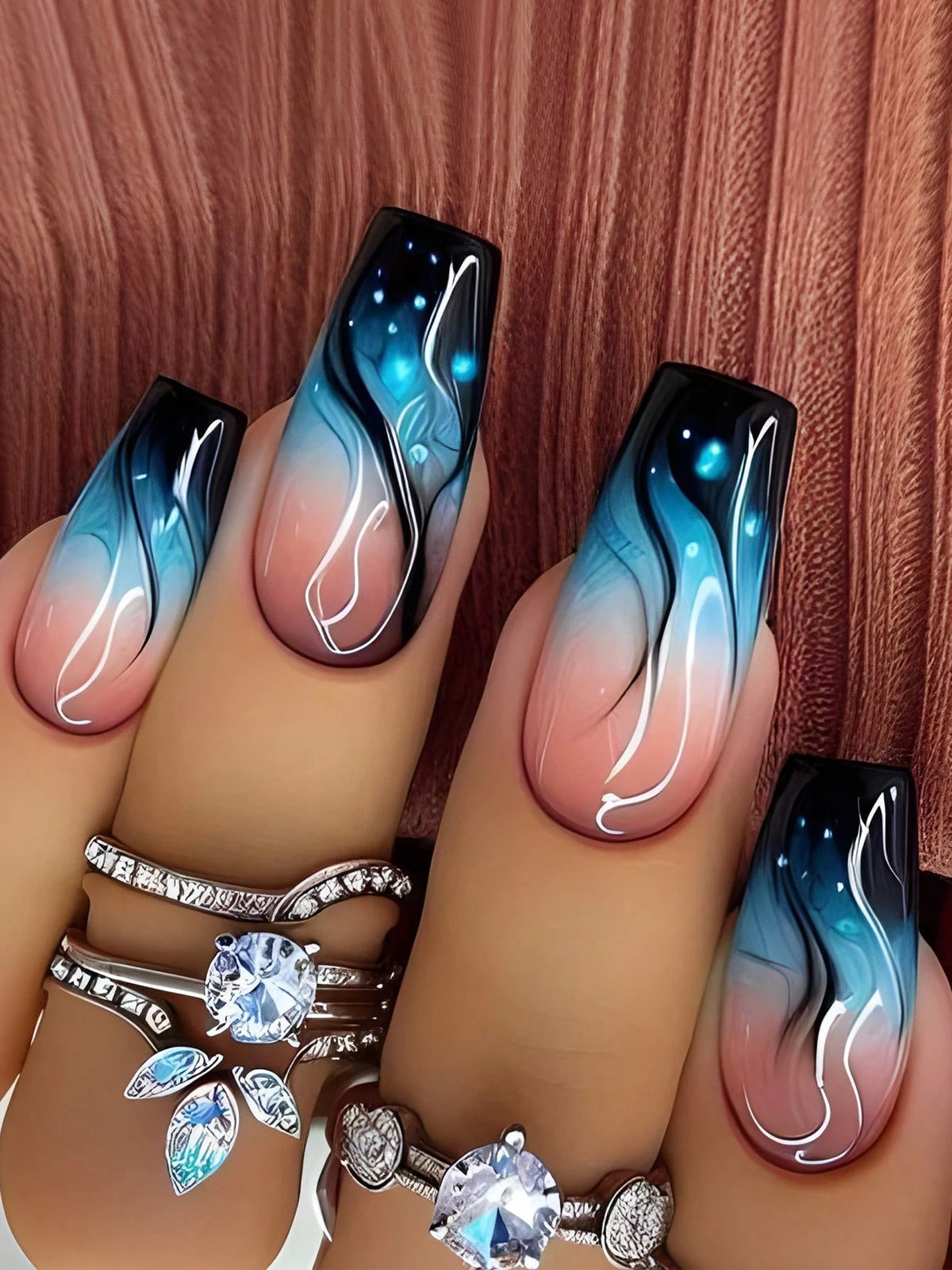 Galaxy - 24 Set Long Coffin French Press On Nails - GlamGrip Beauty