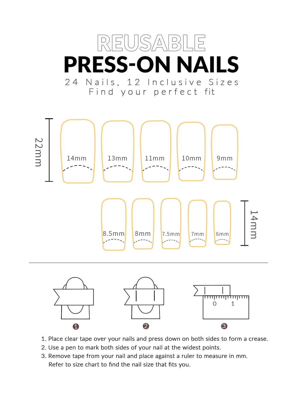 Measurement chart for reusable press-on nails with size chart and installation instructions.