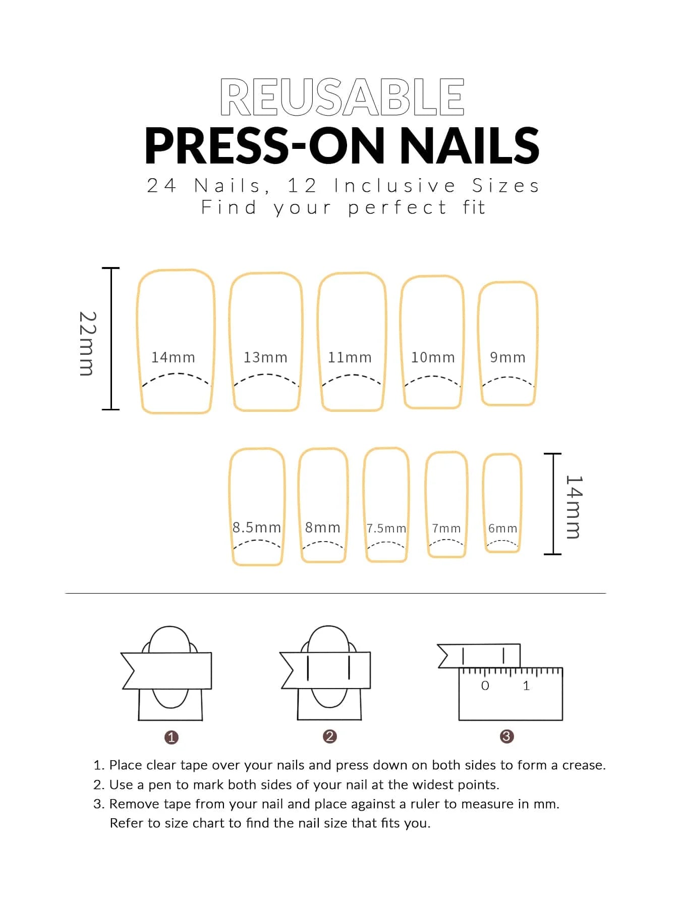 Measurement chart for reusable press-on nails with size chart and installation instructions.