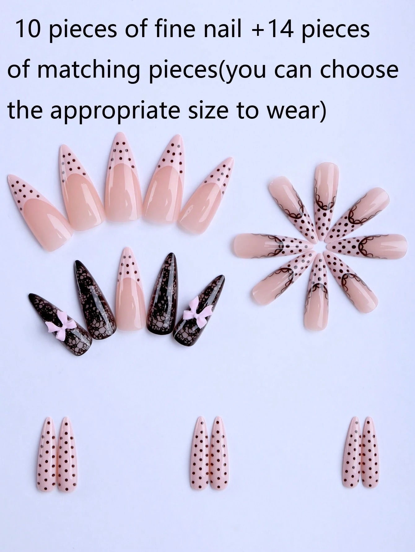 Collection of decorative nail pieces on a light blue background