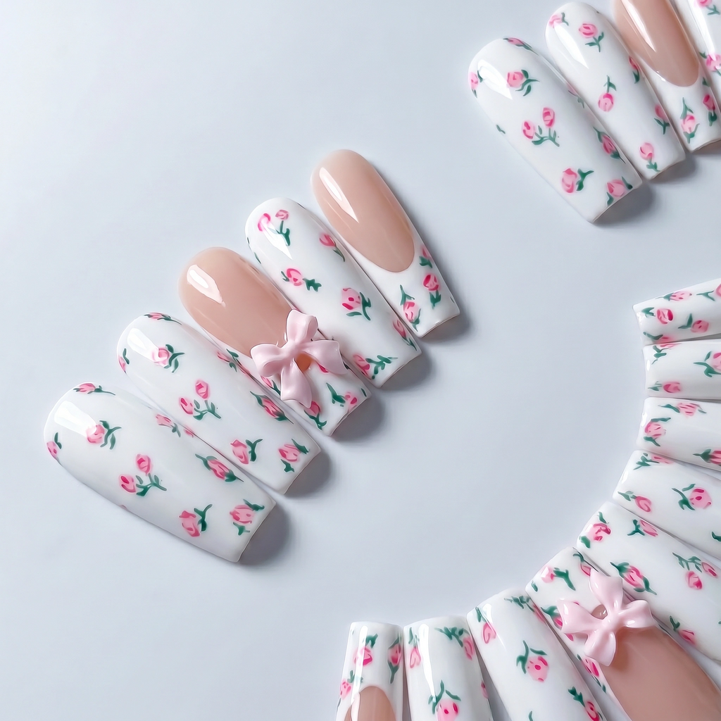 Bow & Bloom - 24 PCS Long Coffin Press on Nails