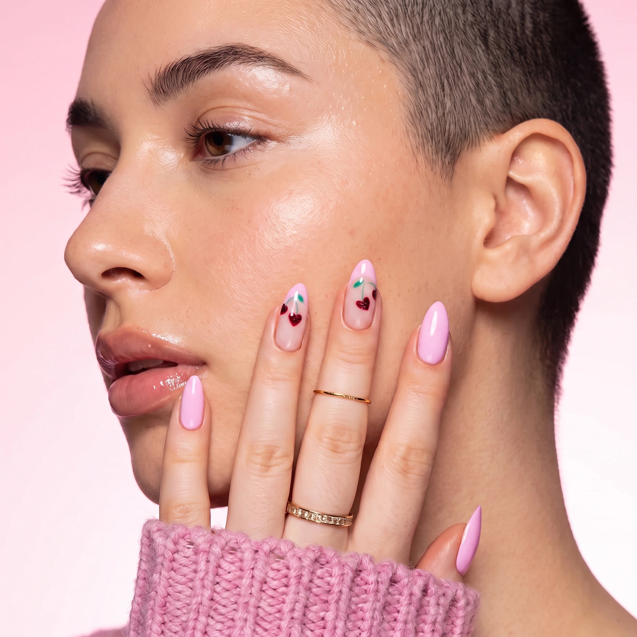Pink Cherry French Almond Press-On Nails – Full Cover, Reusable (24 Pcs)