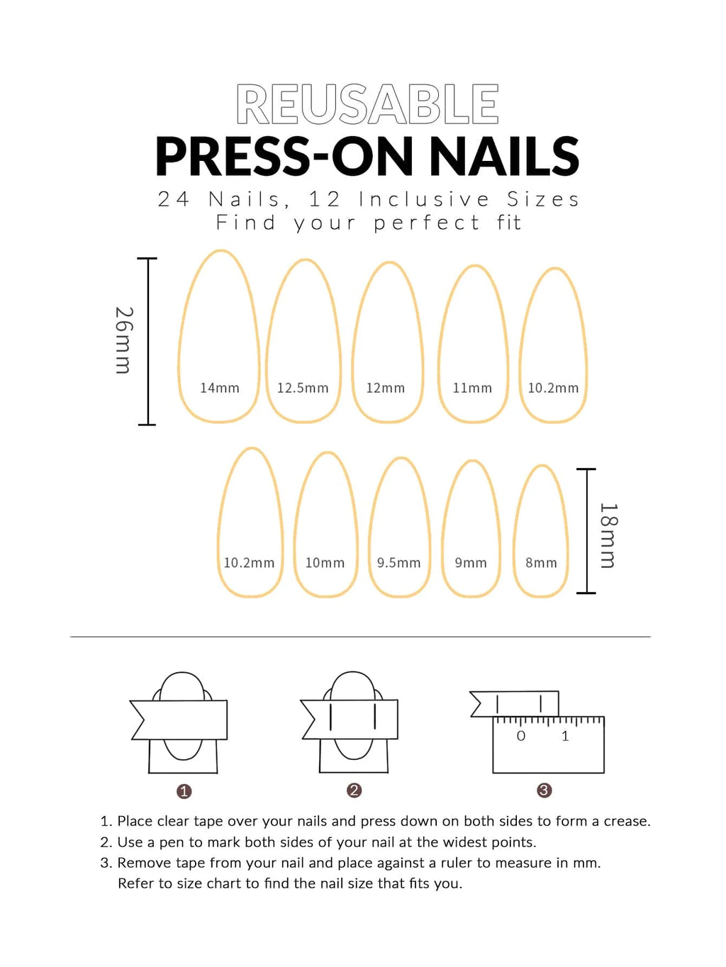 Measurement chart for reusable press-on nails with size chart and instructions.