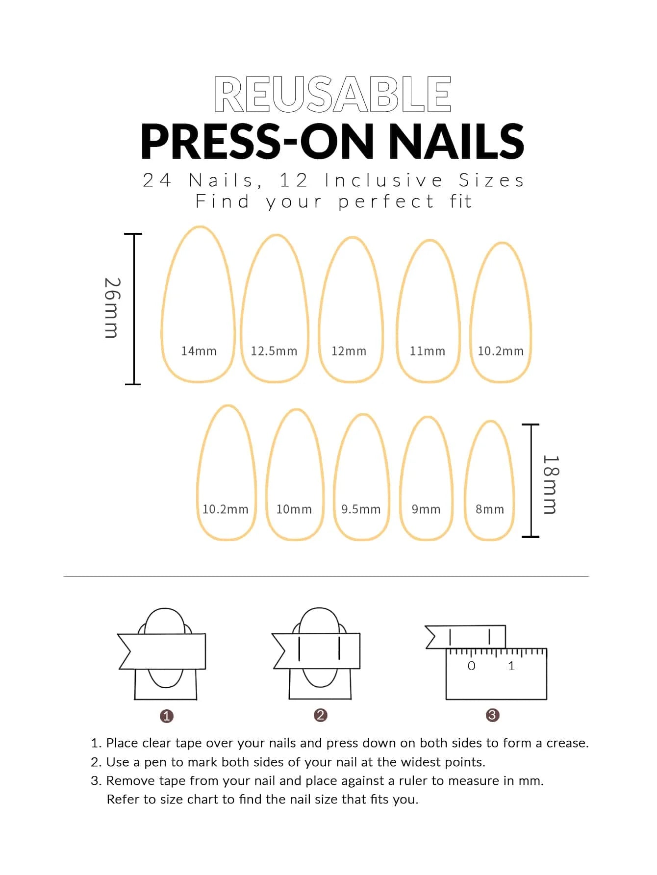 Measurement chart for reusable press-on nails with size chart and instructions.