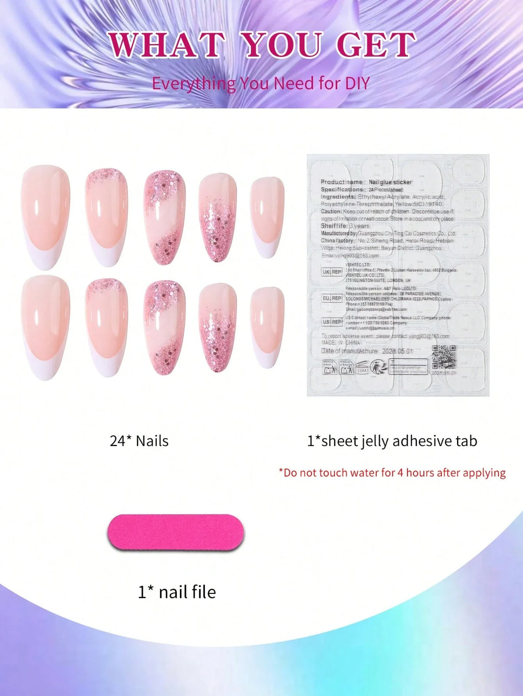 Nail art kit with nails, adhesive tab, and nail file on a colorful background