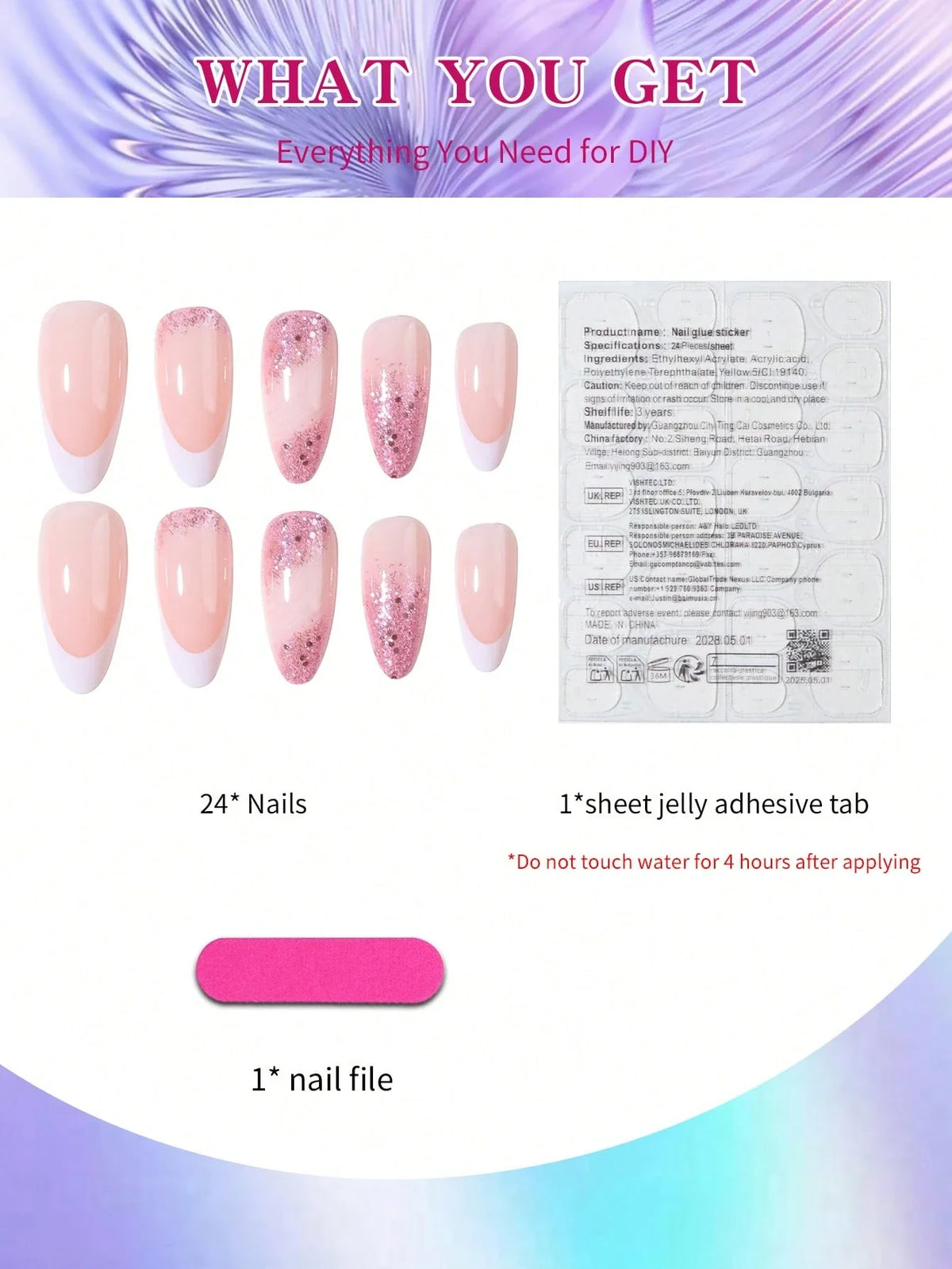 Gold Glitter - 24 Set White French Almond Press on Nails - GlamGrip Beauty