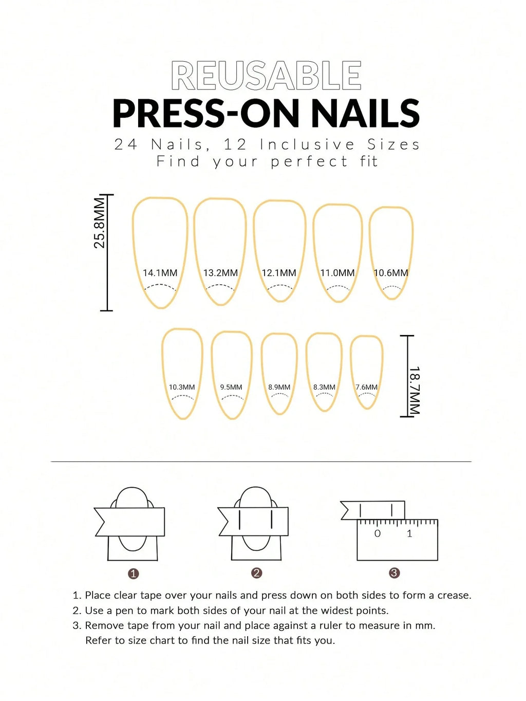 Instructions for using reusable press-on nails with size chart and measurement guide.