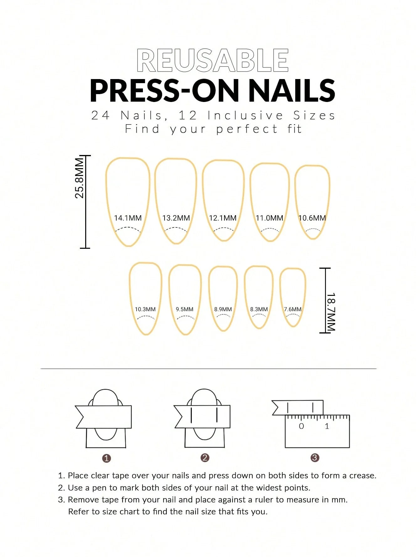 Instructions for using reusable press-on nails with size chart and measurement guide.