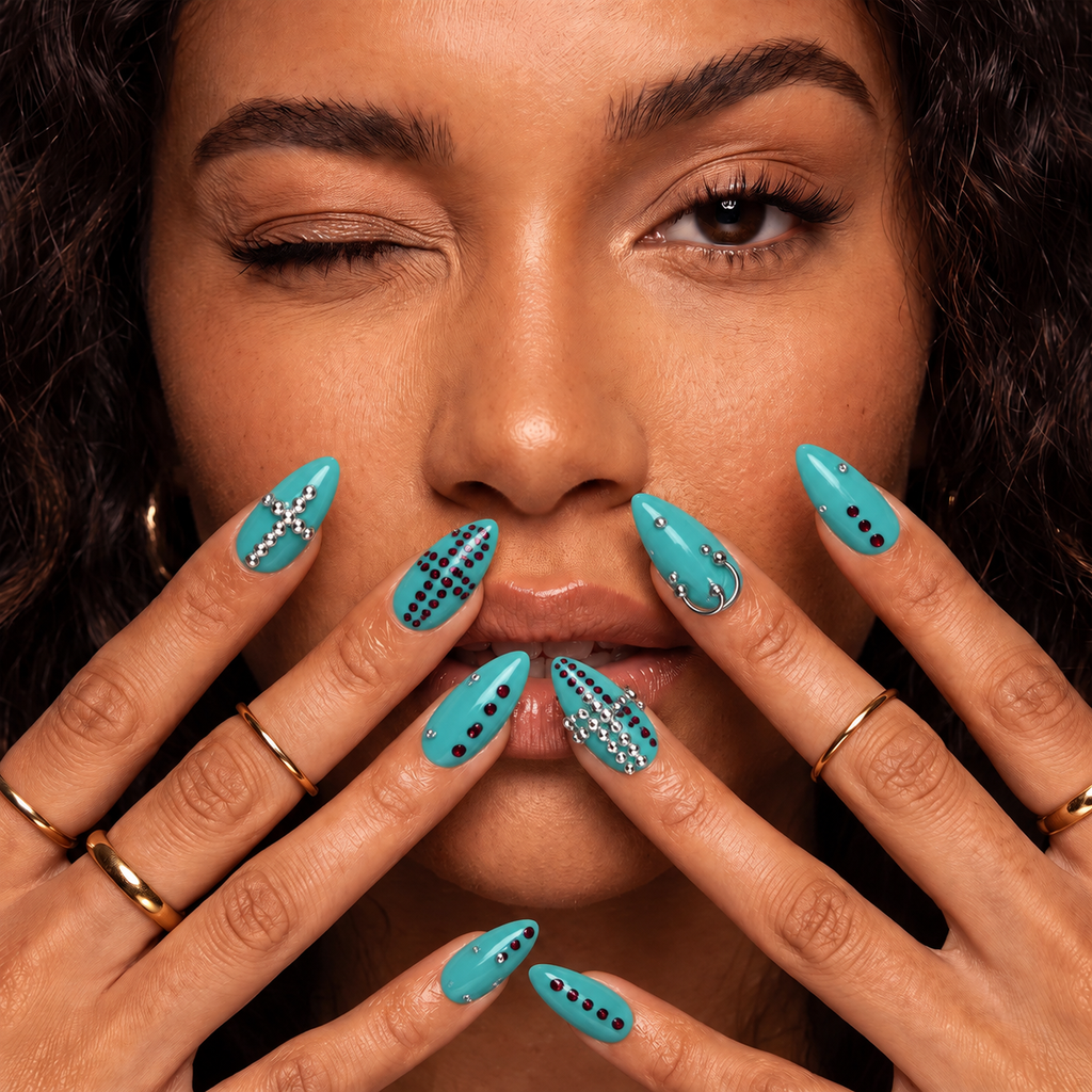 Tiffany Blue Press-On Nails – Glossy Mirror Finish with Burgundy Dot Accents