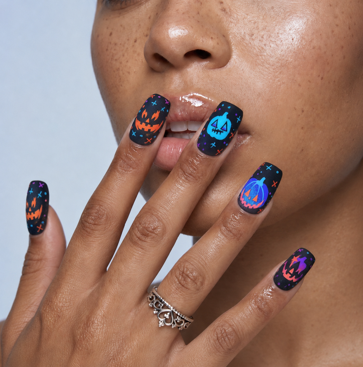 Halloween Pumpkin Ghost Press On Nails – Short Square Salon Quality | Reusable 30-Piece Nail Kit - GlamGrip Beauty