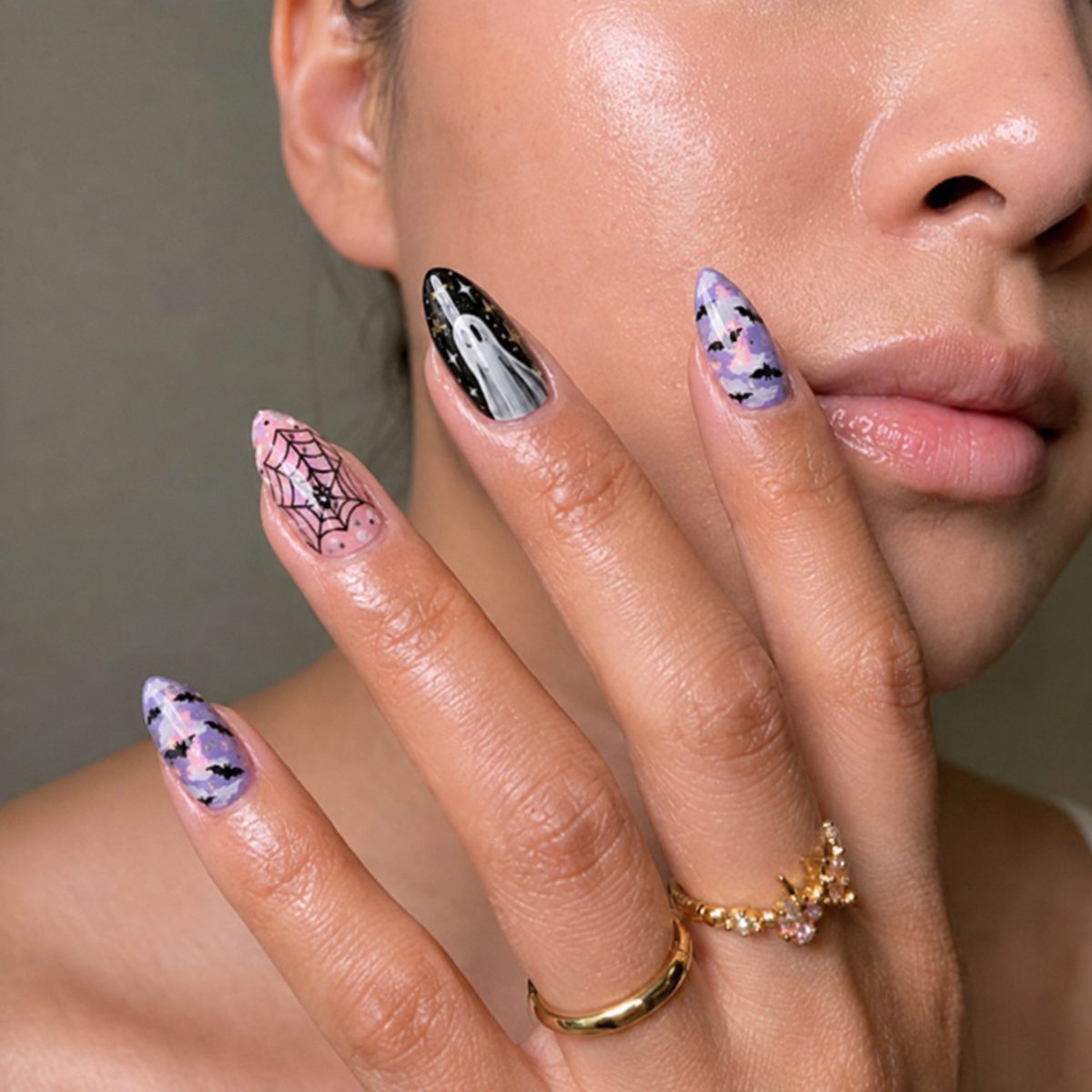 Salon Quality Halloween Ghost Press On Nails – Medium Almond Acrylic Full Cover | Reusable Set of 24 - GlamGrip Beauty