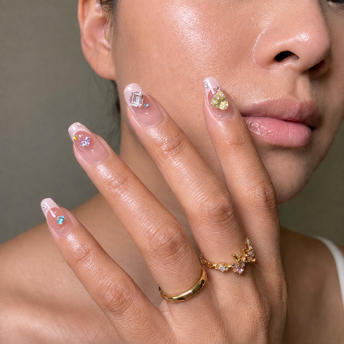 French 3D Gemstone Press-On Nails – Elegant Nail Art Set - GlamGrip Beauty