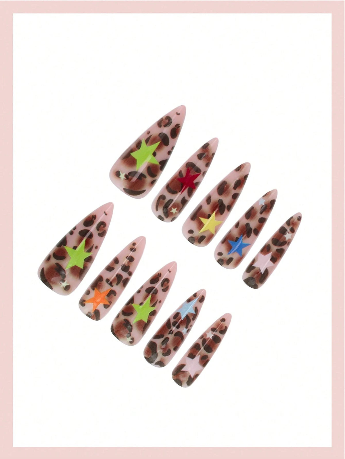 Long Almond Press On Nails - Leopard Stars Set of 24 - GlamGrip Beauty
