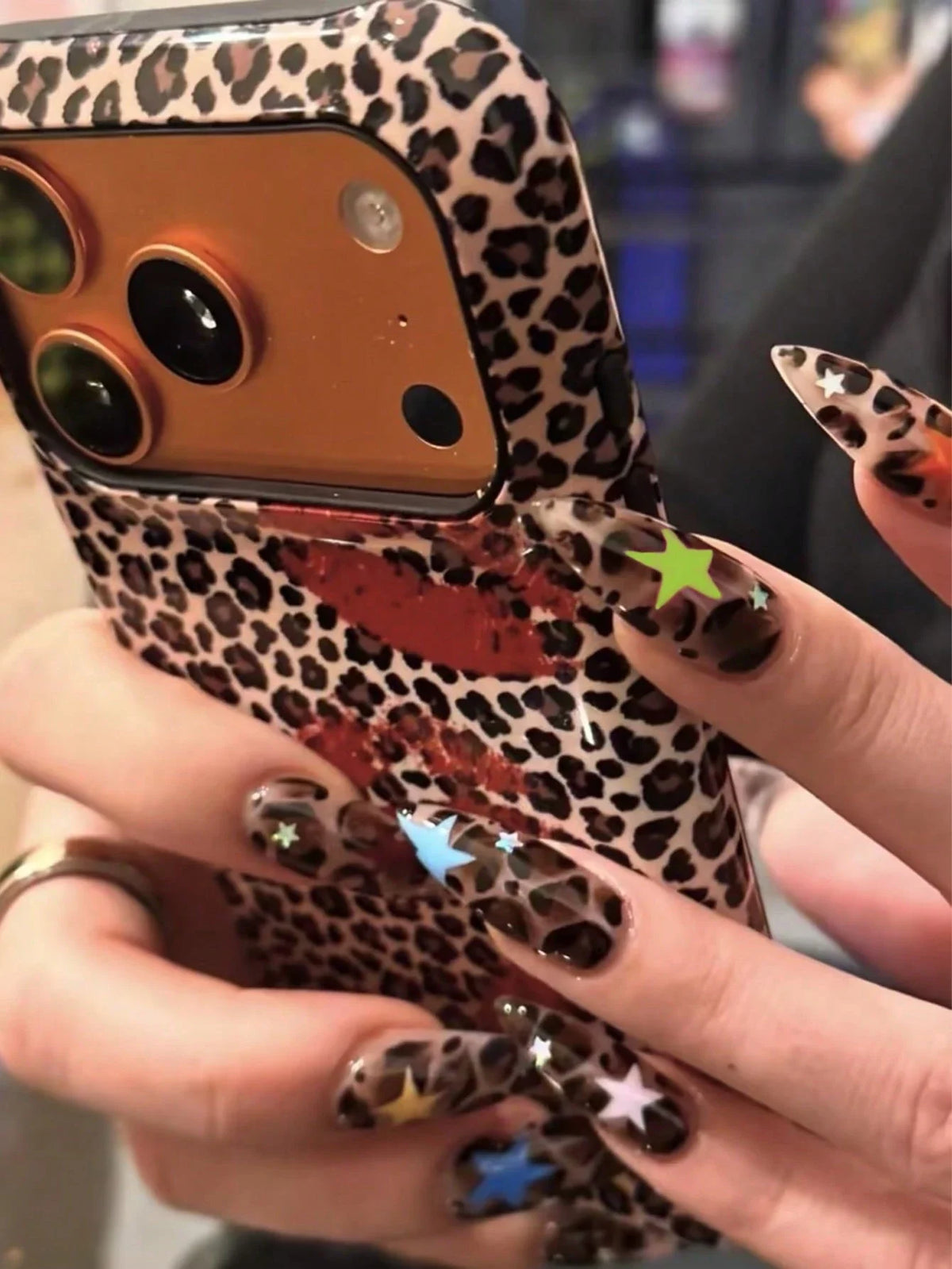Long Almond Press On Nails - Leopard Stars Set of 24 - GlamGrip Beauty