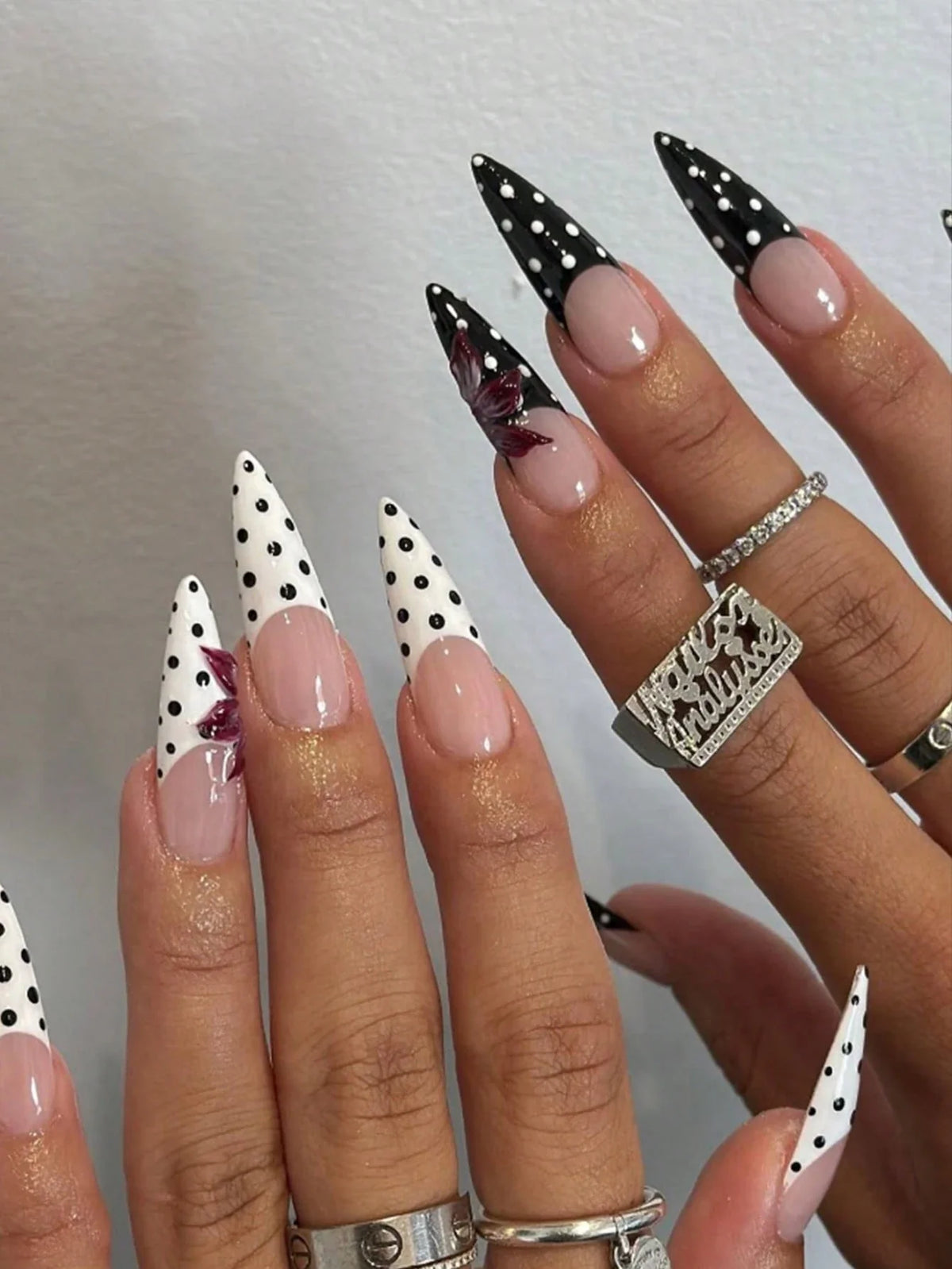 Polka Dotted Flowers - 24 Set French Long Press on Nails - GlamGrip Beauty