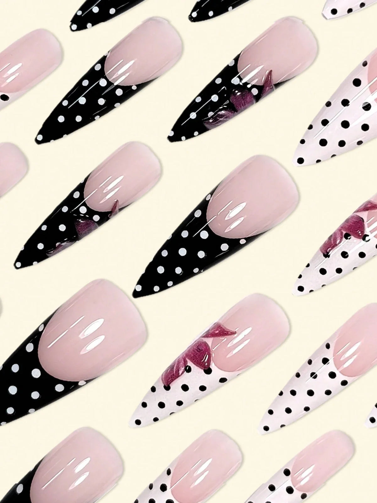Polka Dotted Flowers - 24 Set French Long Press on Nails - GlamGrip Beauty
