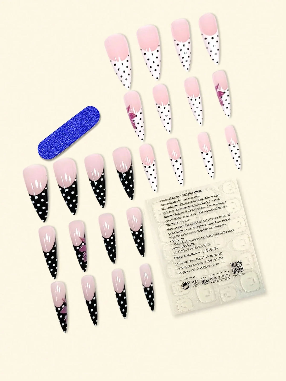 Polka Dotted Flowers - 24 Set French Long Press on Nails - GlamGrip Beauty