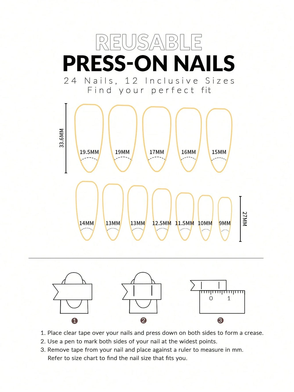 Instructions for using reusable press-on nails with measurements and diagrams.
