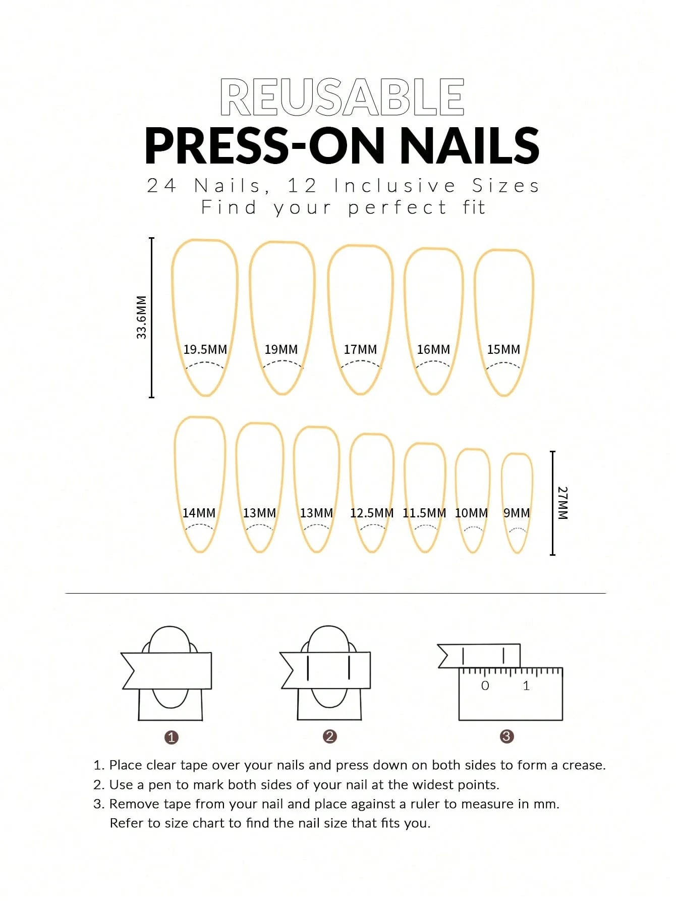 Instructions for using reusable press-on nails with measurements and diagrams.