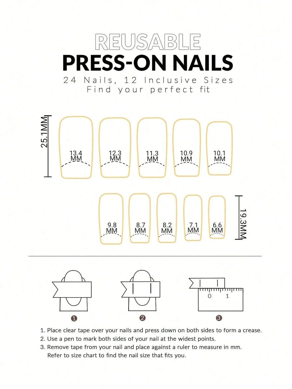 Instructions for reusable press-on nails with size chart and measurement guide on a white background.