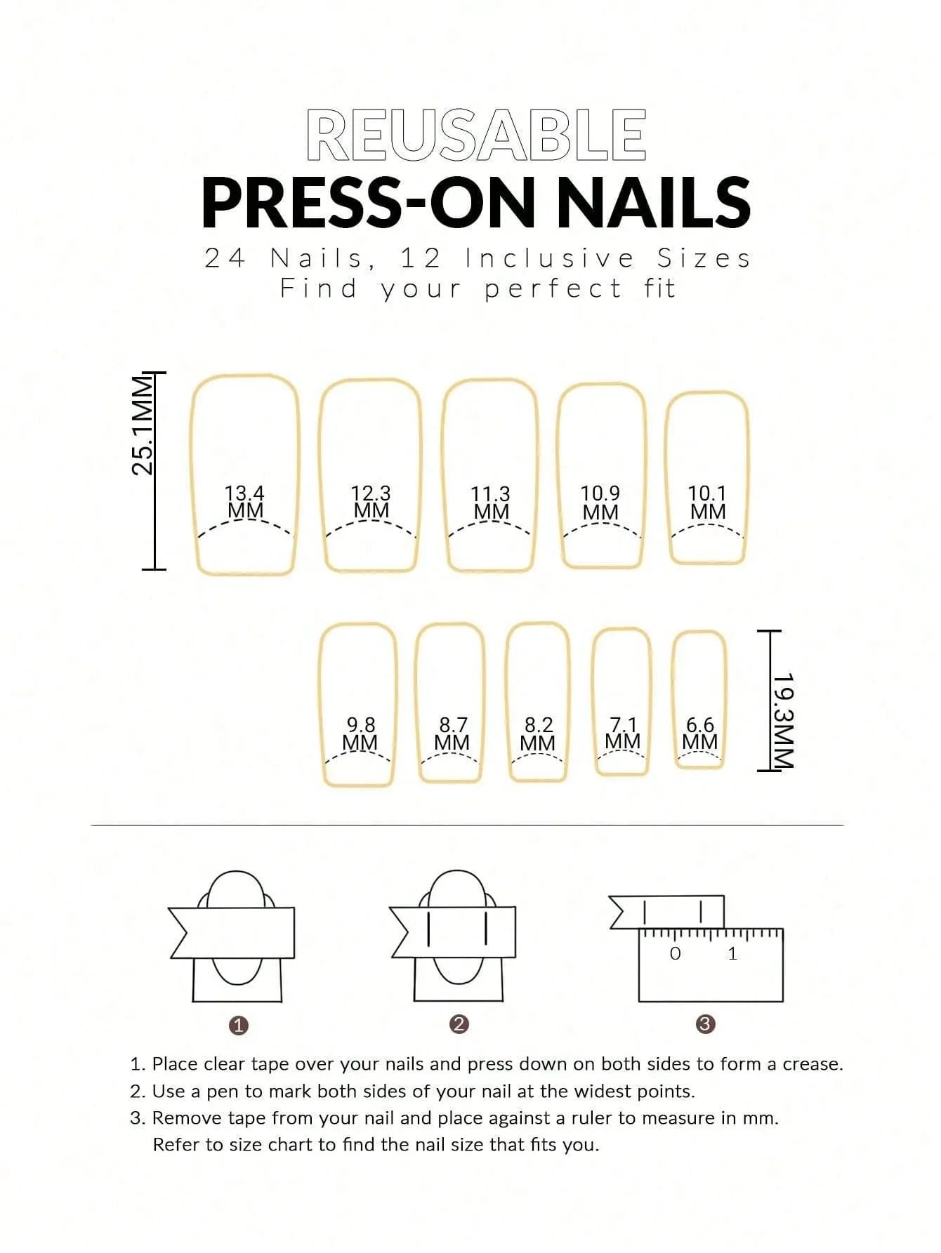 Instructions for reusable press-on nails with size chart and measurement guide on a white background.