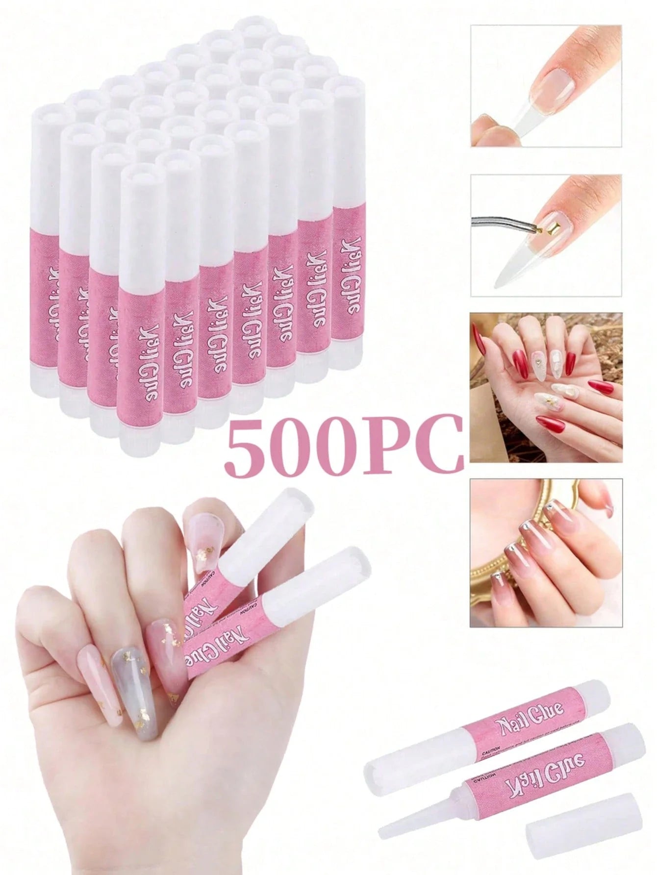 Packaging of nail art tools with pink and white design, showing usage on nails.