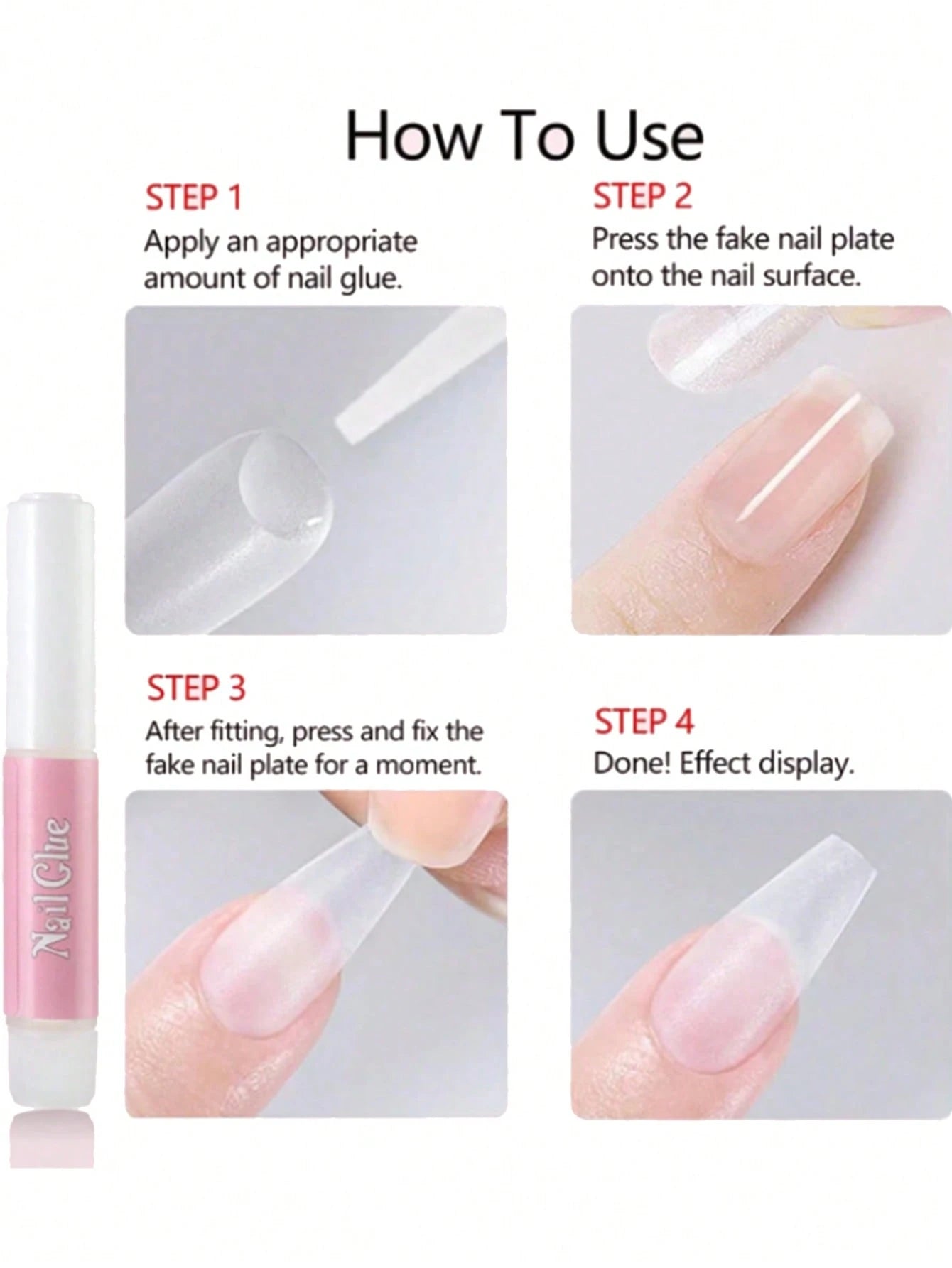 Step-by-step guide on how to use nail glue with a product image.