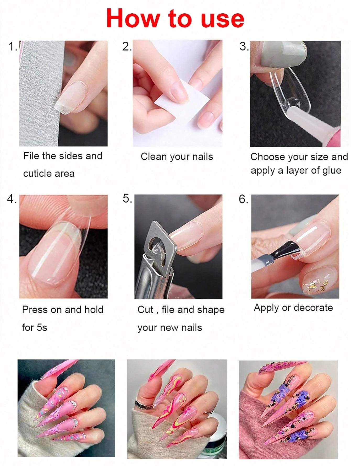 Step-by-step guide on how to use nail extensions with images and text.