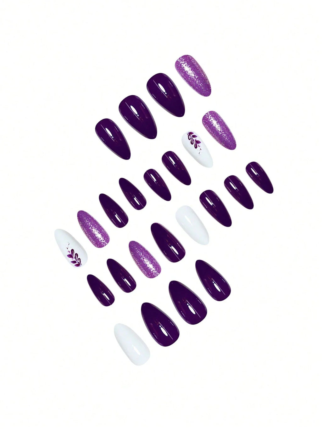 Set of purple and white false nails on a white background