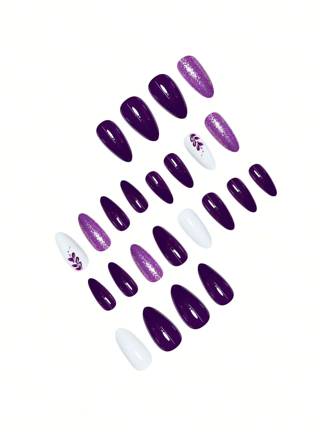 Set of purple and white false nails on a white background