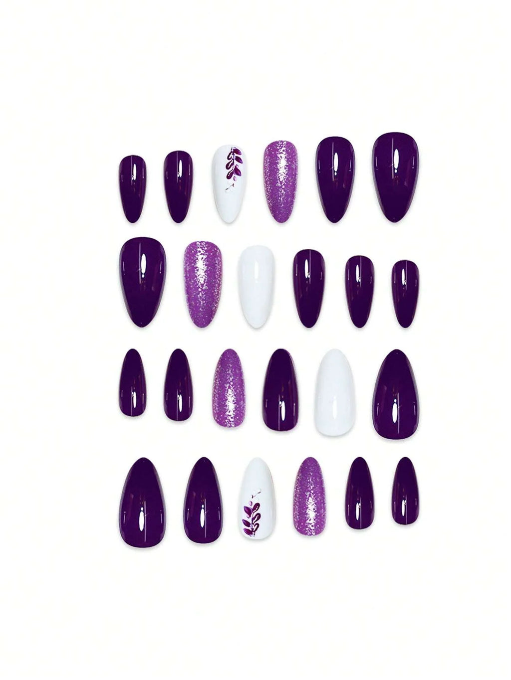 Set of purple, white, and glittery purple nail art designs on a white background