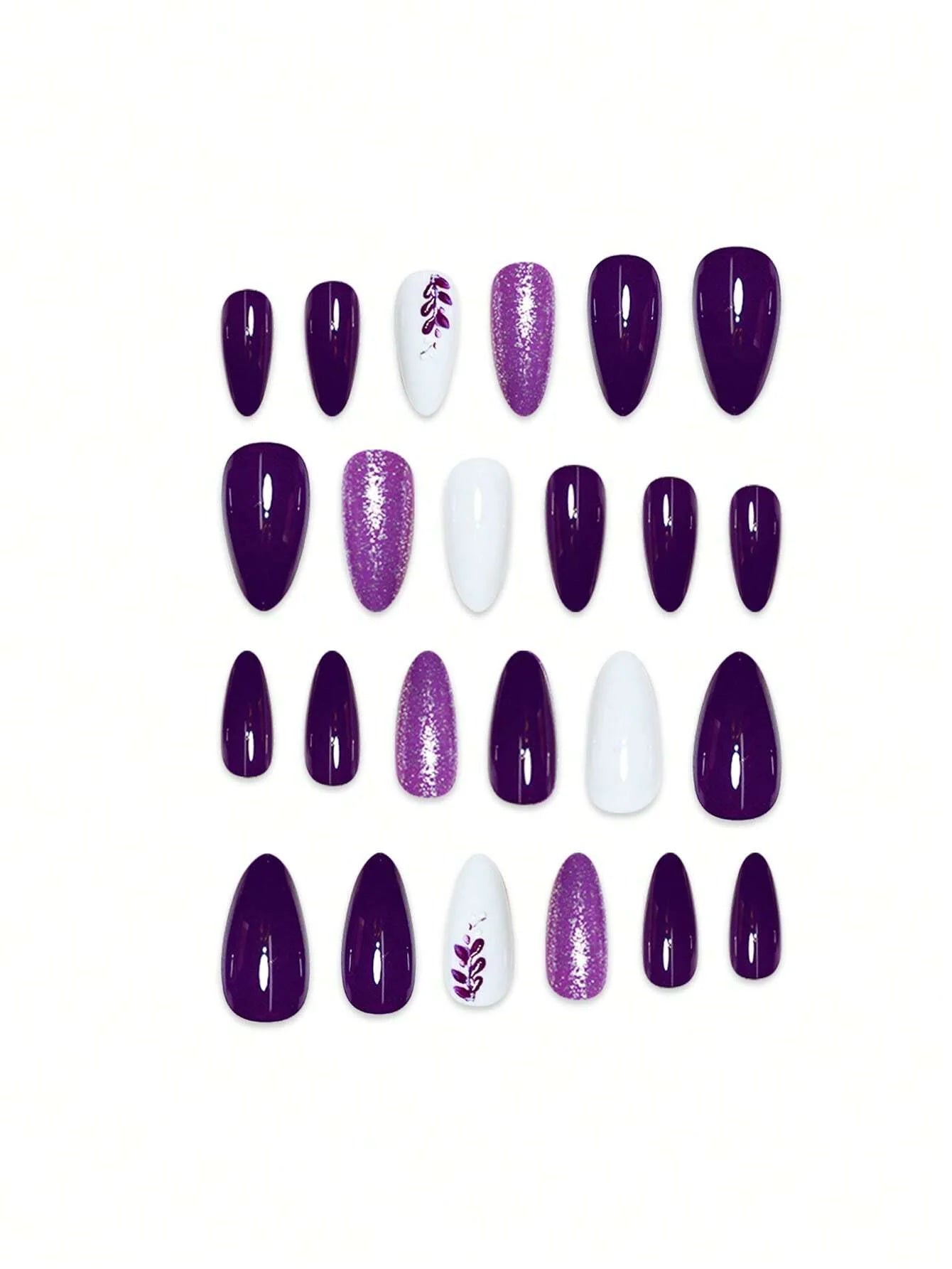 Set of purple, white, and glittery purple nail art designs on a white background