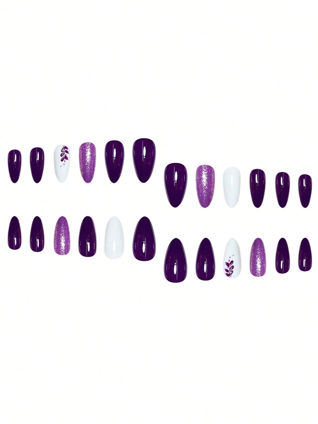 Set of purple, white, and pink nail art designs on a white background