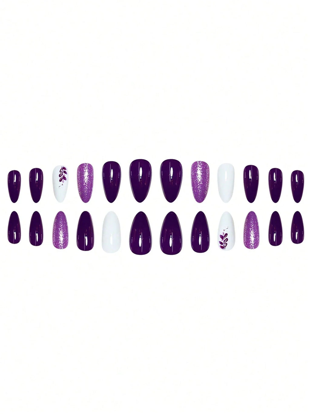 Set of purple, white, and black nail art designs on a white background