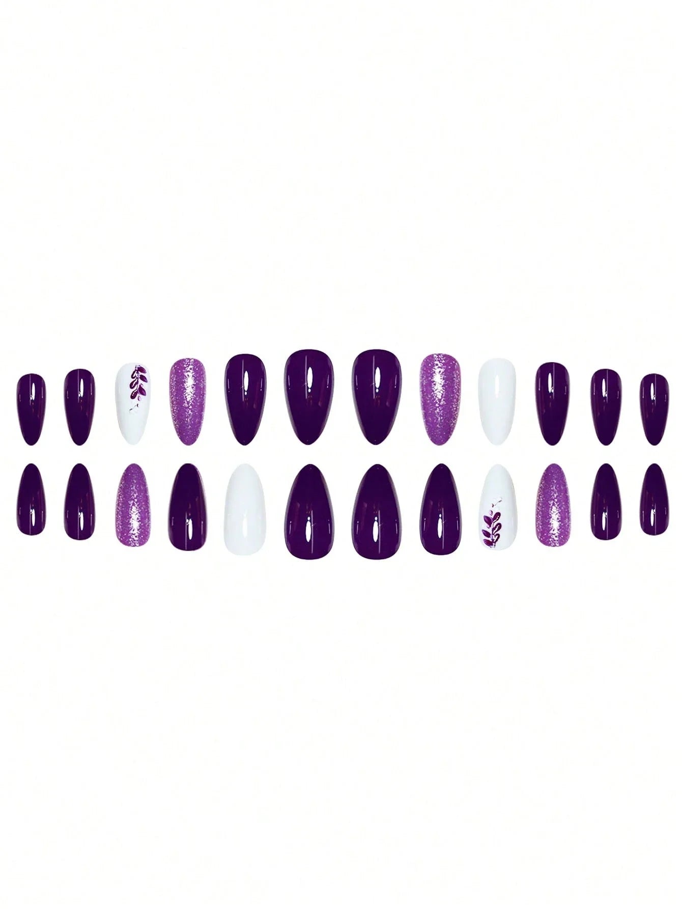 Set of purple, white, and black nail art designs on a white background