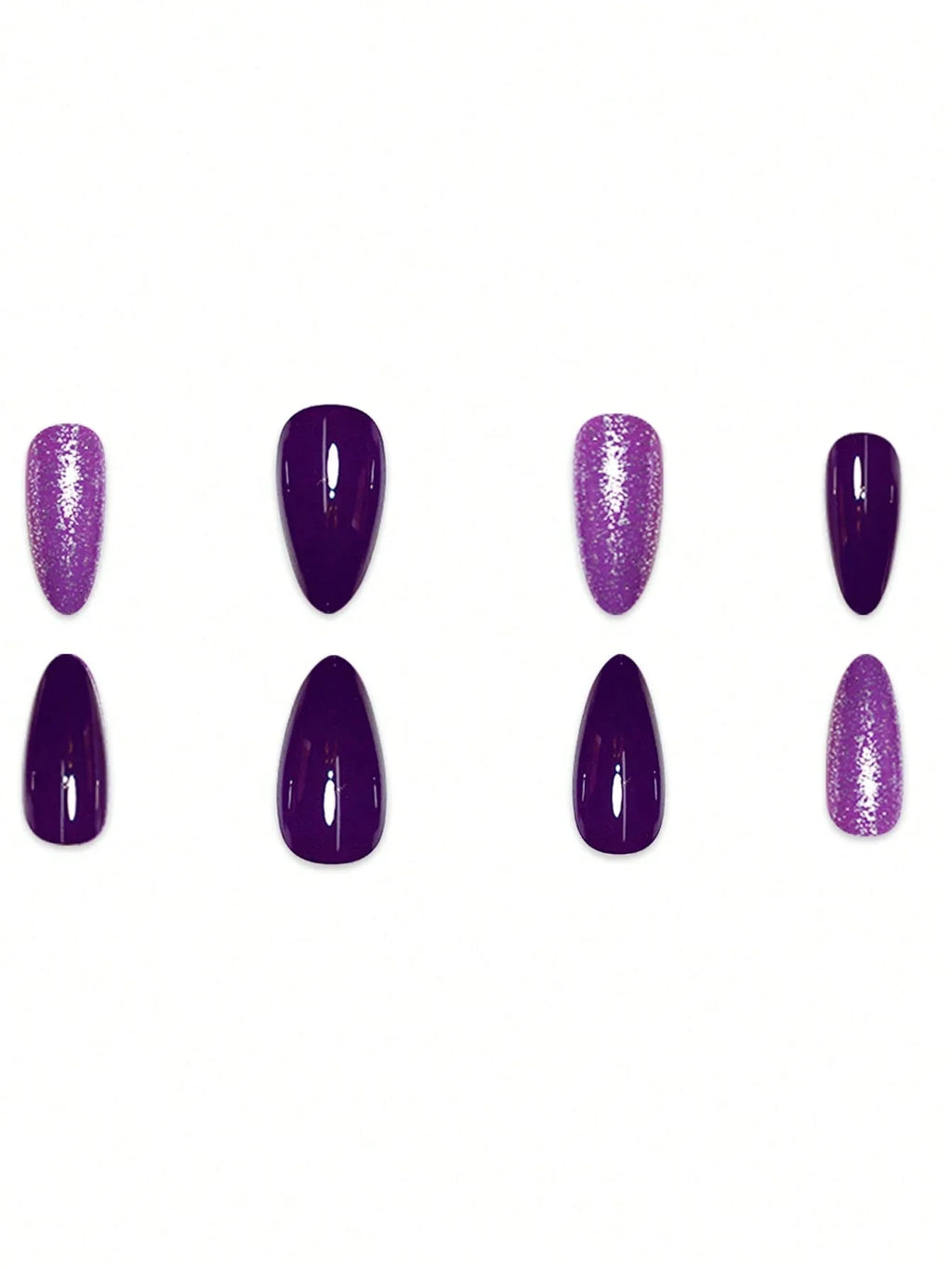 Set of purple glittery nail polish samples on a white background