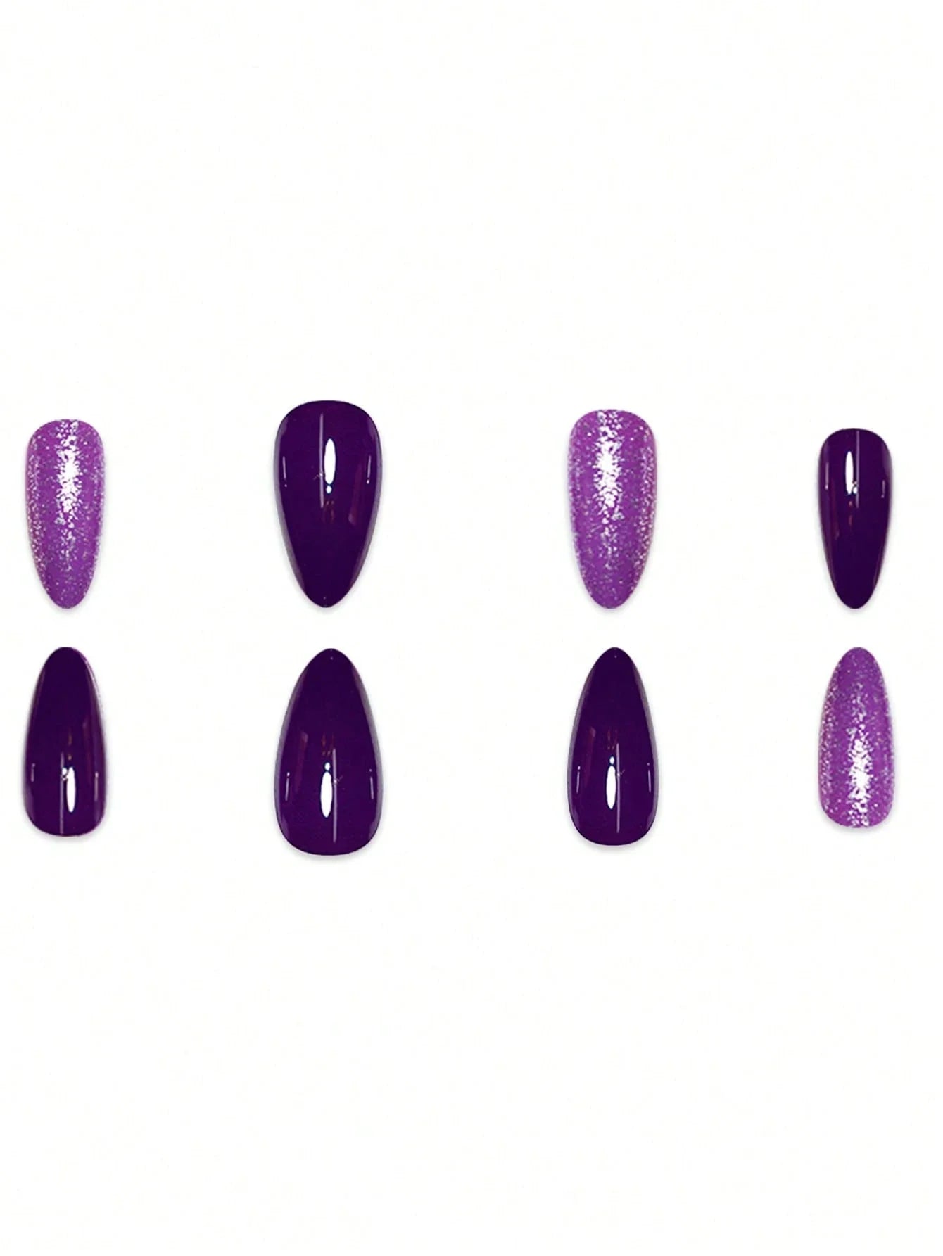 Set of purple glittery nail polish samples on a white background