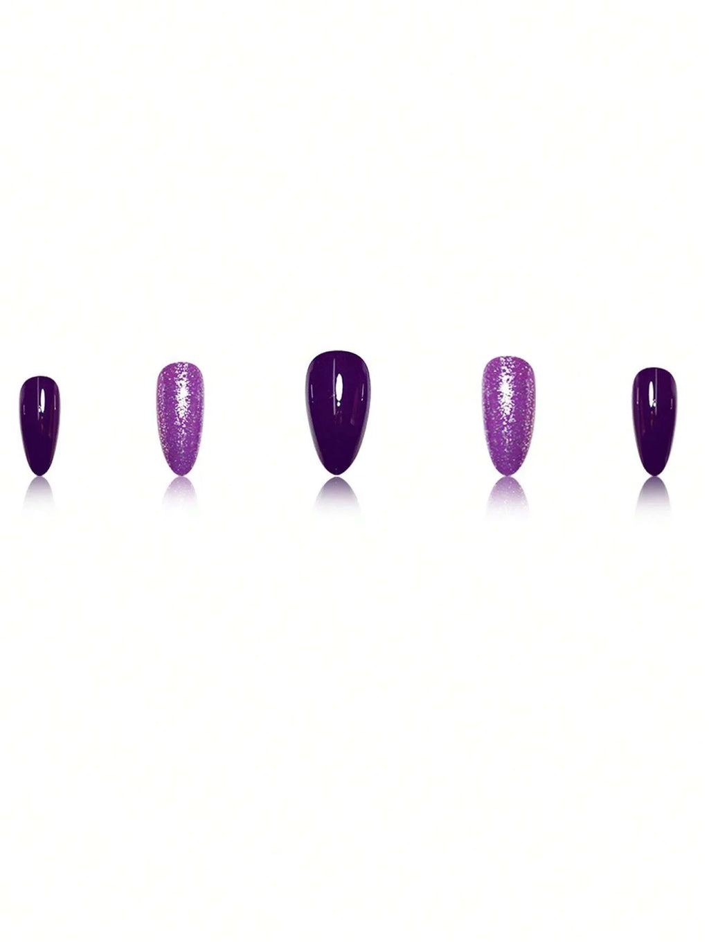 Five purple glittery nail polish bottles on a white background