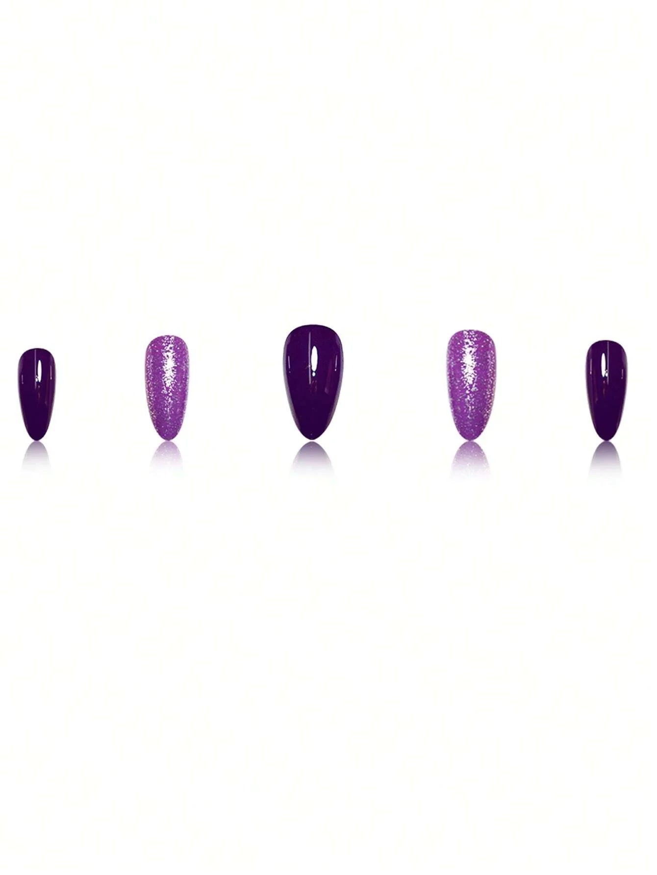 Five purple glittery nail polish bottles on a white background