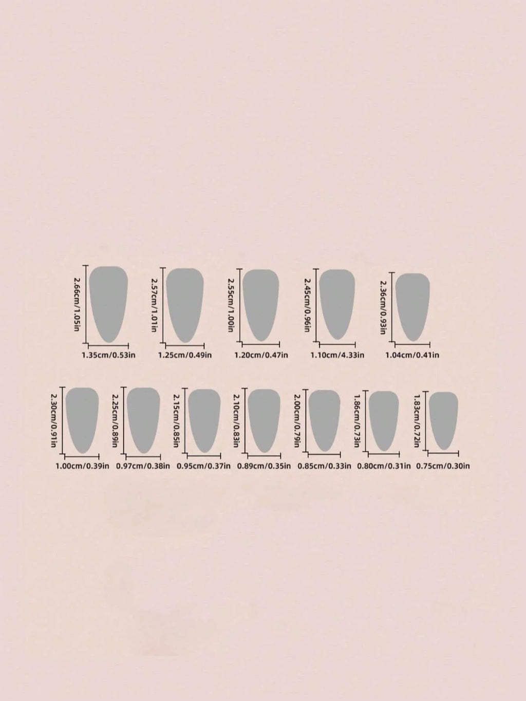 Nail tip shape chart with measurements on a beige background