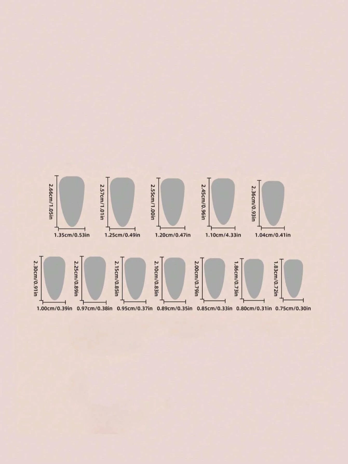 Nail tip shape chart with measurements on a beige background