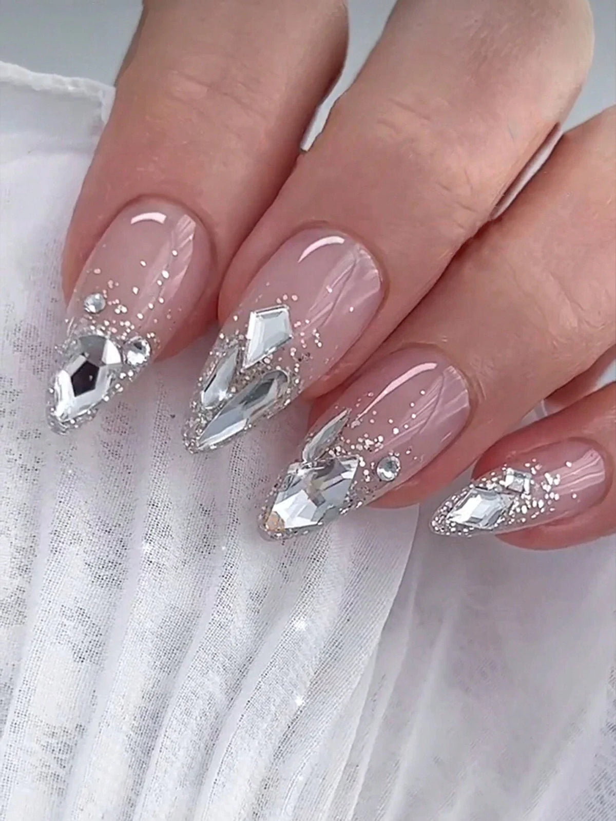 Rhinestones Glitter 24 Set Fresh Almond Shaped Press on Nails - GlamGrip Beauty