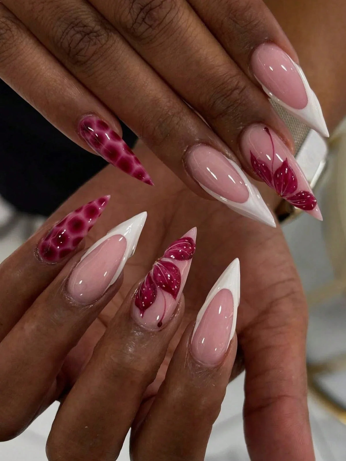 Rose R - 24 Set French Almond Shaped Acrylic Press on Nails - GlamGrip Beauty