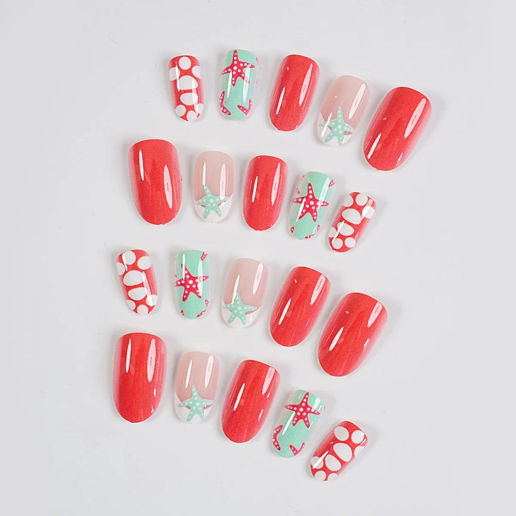 24 Piece Almond Press On Nails Starfish Beach Design Set