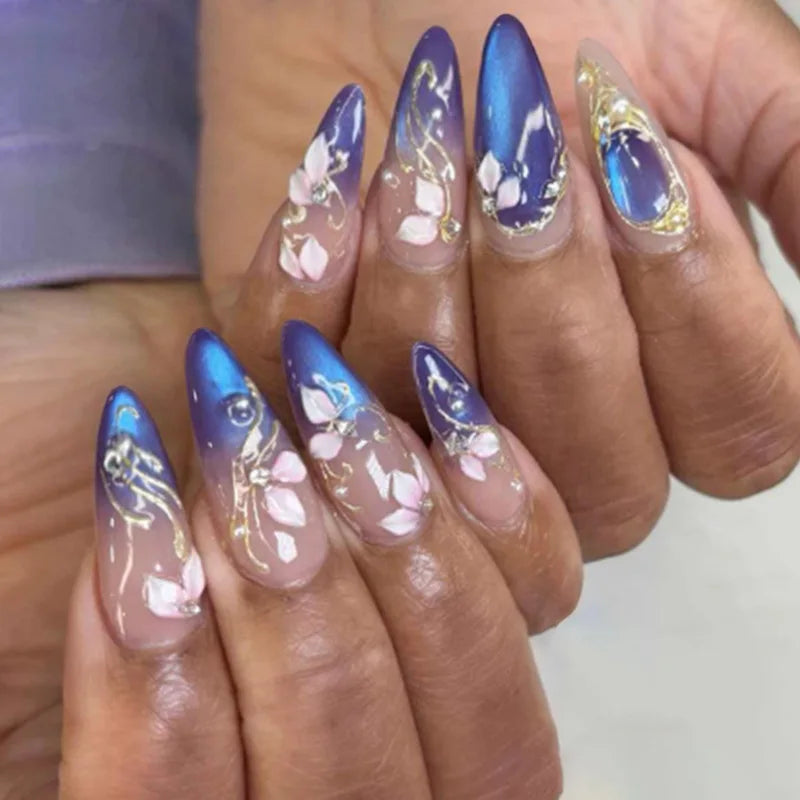 Z1290 Color Long Stiletto Press On Nails With Flowers & Rhinestones