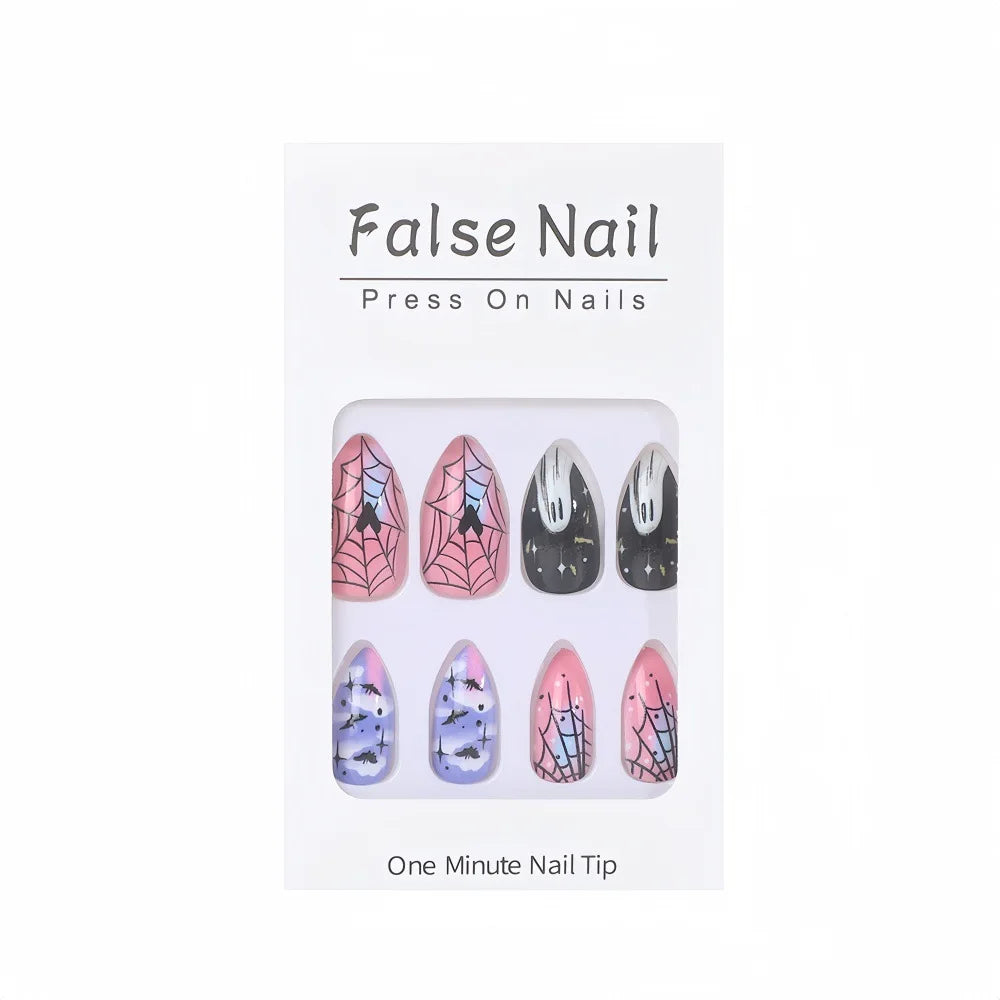 Salon Quality Halloween Ghost Press On Nails – Medium Almond Acrylic Full Cover | Reusable Set of 24 - GlamGrip Beauty