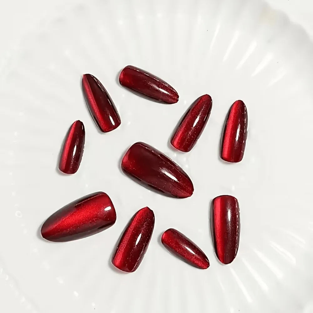 Deep Red Cat Eye Stiletto Press On Nails Set - GlamGrip Beauty