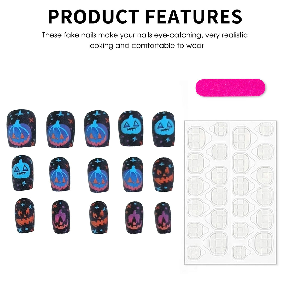 Halloween Pumpkin Ghost Press On Nails – Short Square Salon Quality | Reusable 30-Piece Nail Kit - GlamGrip Beauty