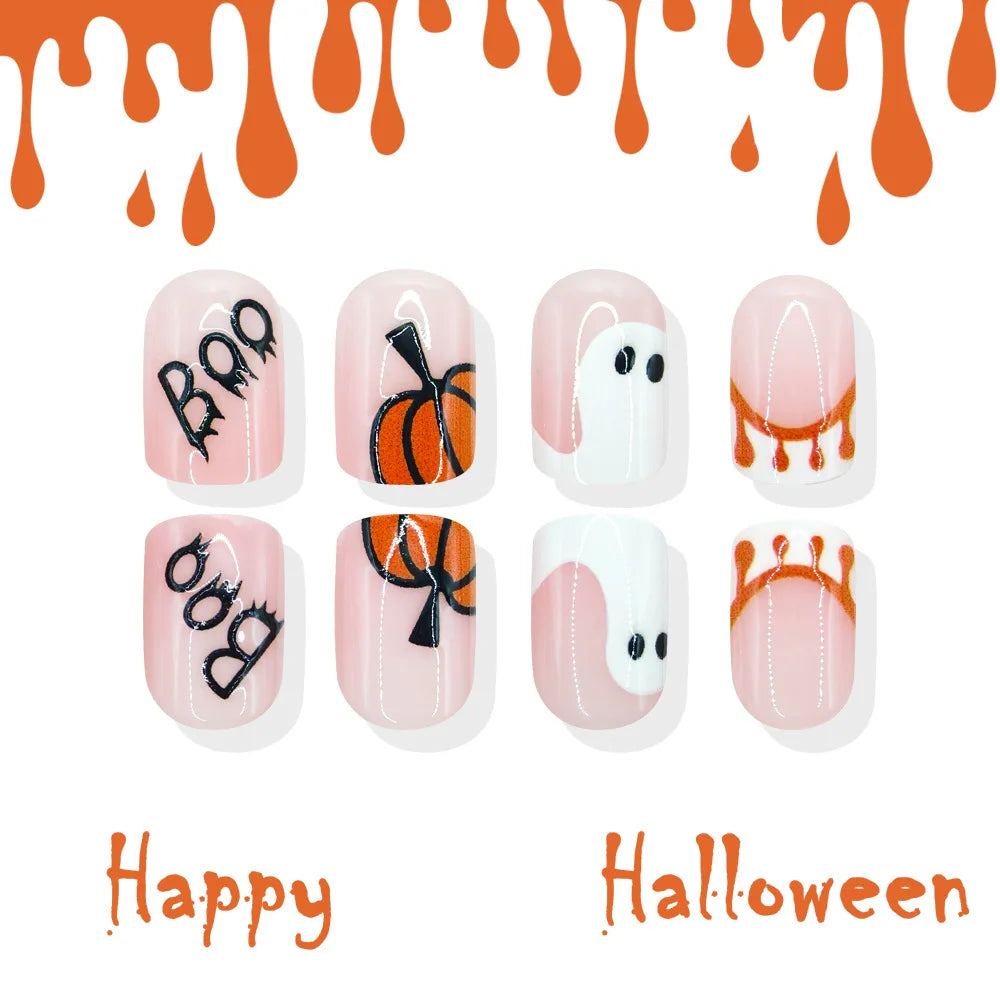 Halloween Press On Nails Set With Ghost & Pumpkin Art - GlamGrip Beauty
