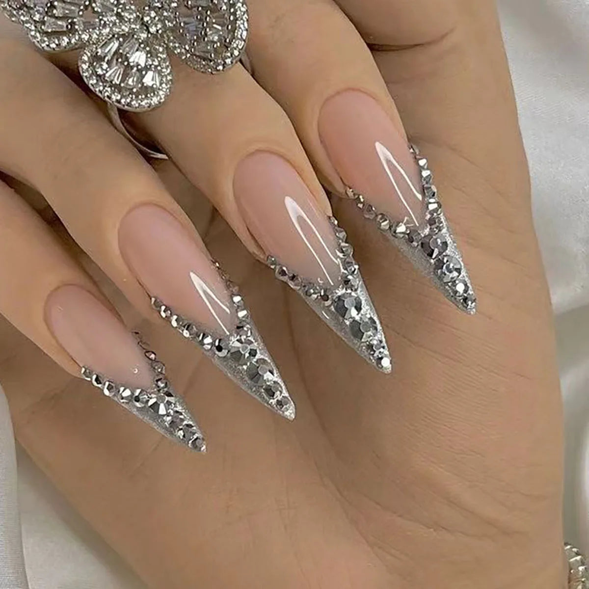 CJCY-135 Color Long Stiletto Press On Nails With Flowers & Rhinestones